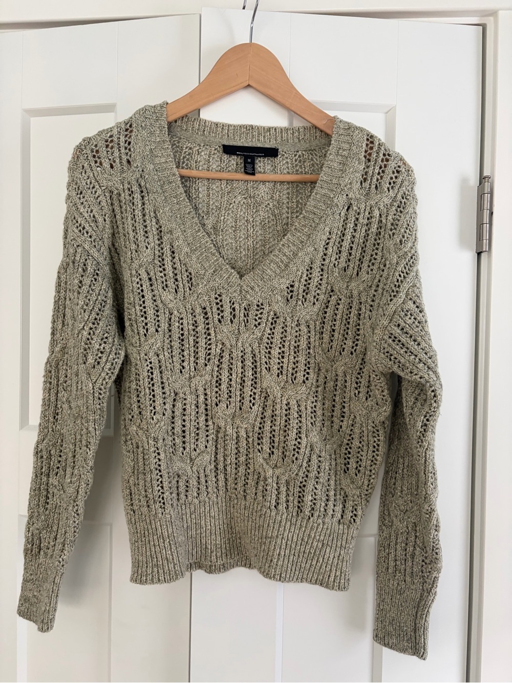 WHBM V-Neck Open-Knit Sweater in Light Olive